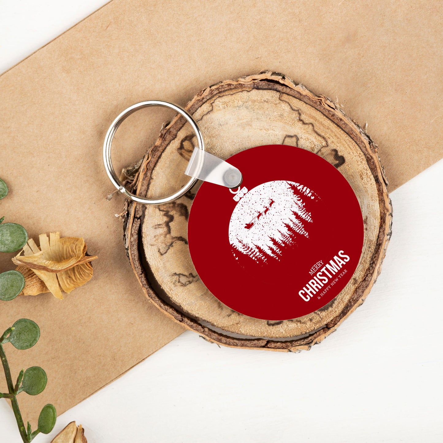 Christmas round wooden key chain