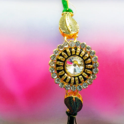 floral shape rakhi with Green and white Stone