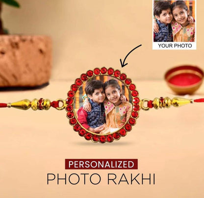 Round Personalized Rakhi with Red stone and Golden touch